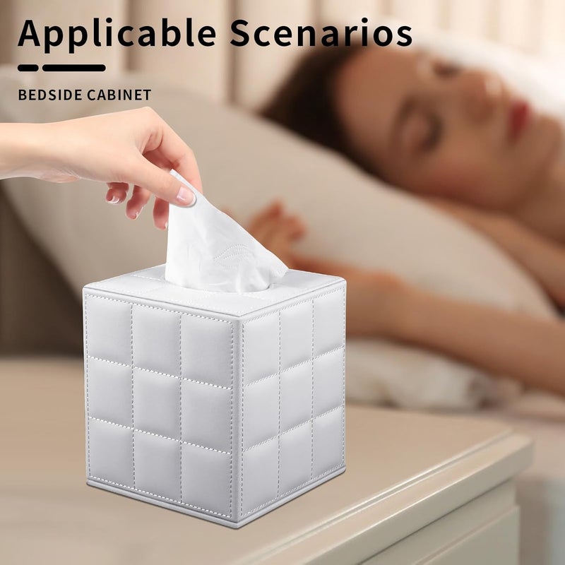 XNONE Tissue Box Cover Square Tissue Box Holder PU Leather Facial Organizer with Magnetic Bottom,Decorative Napkin Caddy for Vanity Dresser Night Stand Table Countertop Home Office Car,White - Image 2